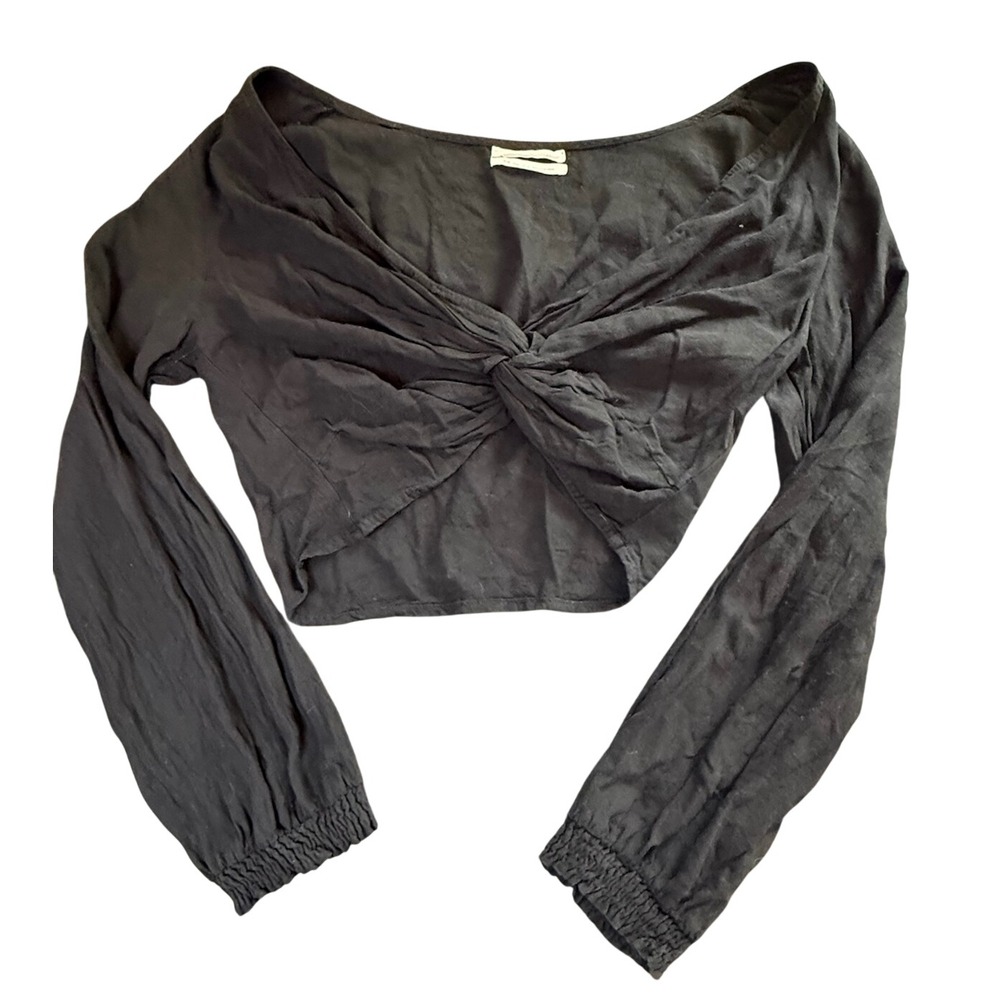 Urban Outfitters Twist Front Crop Top Womens Med Black Linen Blend Long Sleeve